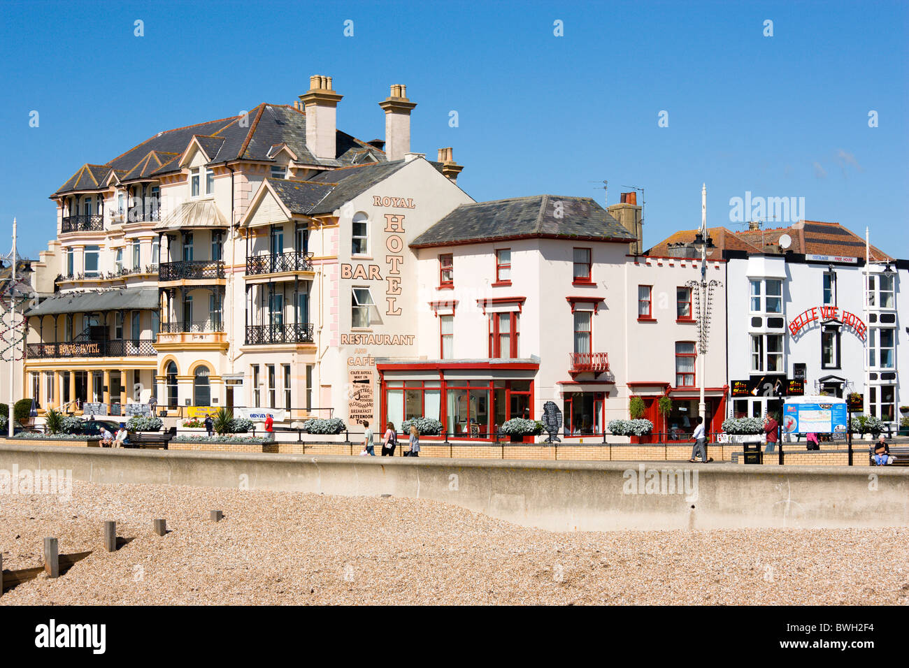 England West Sussex Bognor Regis Royal Hotel Bar and Restaurant and other buildings on Esplanade with people Stock Photo