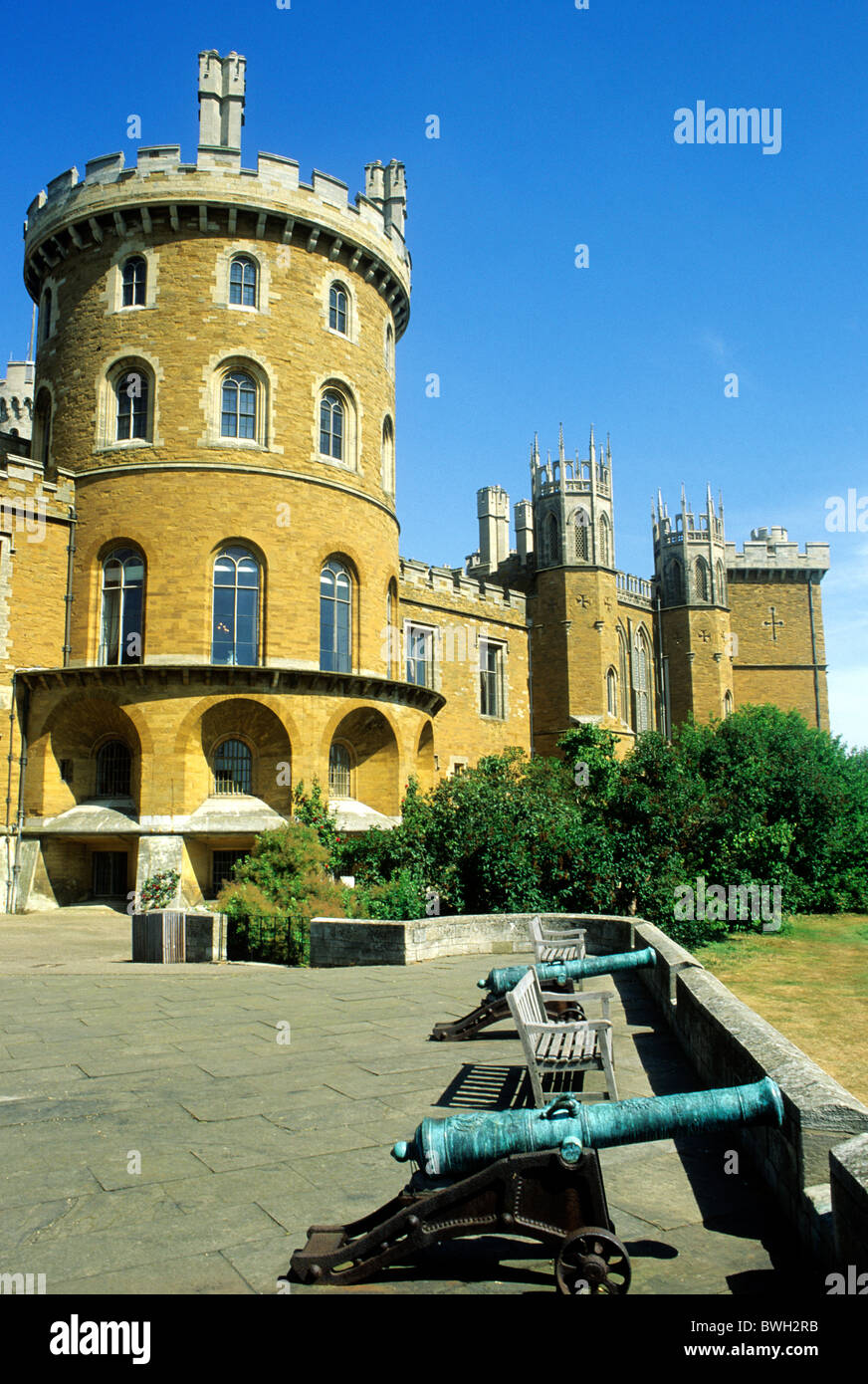 Belvoir Castle Leicestershire, canons canon stately home homes English Duke of Rutland castles turret turrets England UK Stock Photo