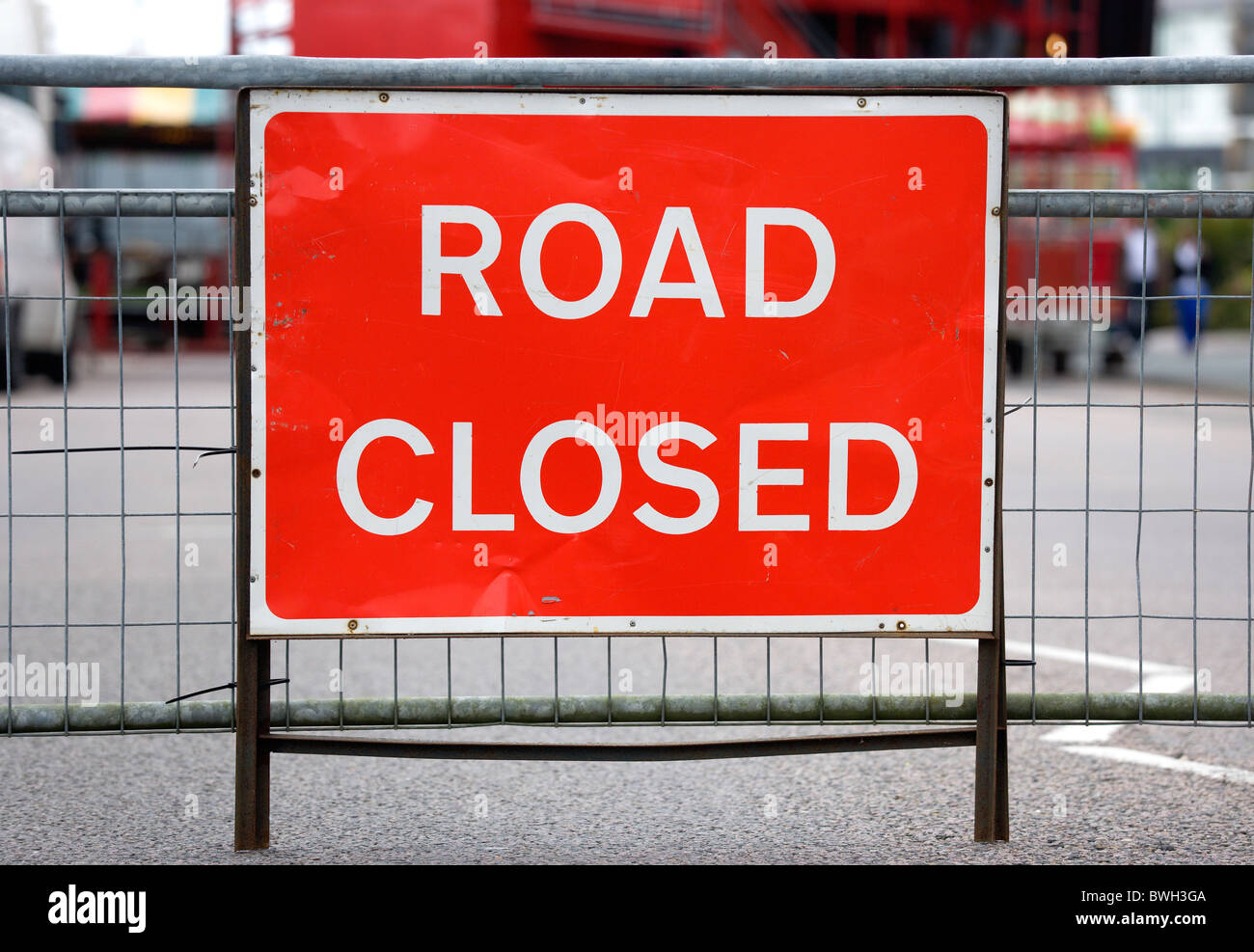 Transport, Road, Signs, Red Road Closed traffic sign on barrier across ...