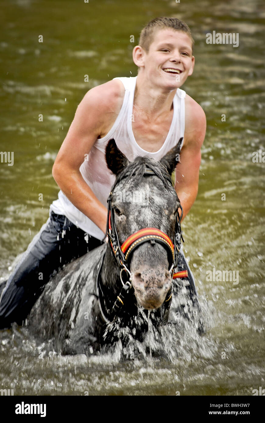 Boy on horse in river Stock Photo - Alamy