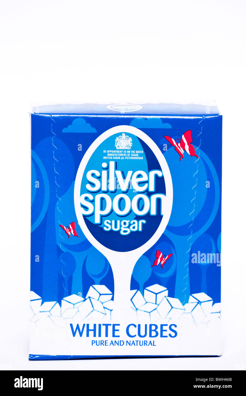 A packet of Silver spoon white sugar cubes ( lumps ) on a white background Stock Photo