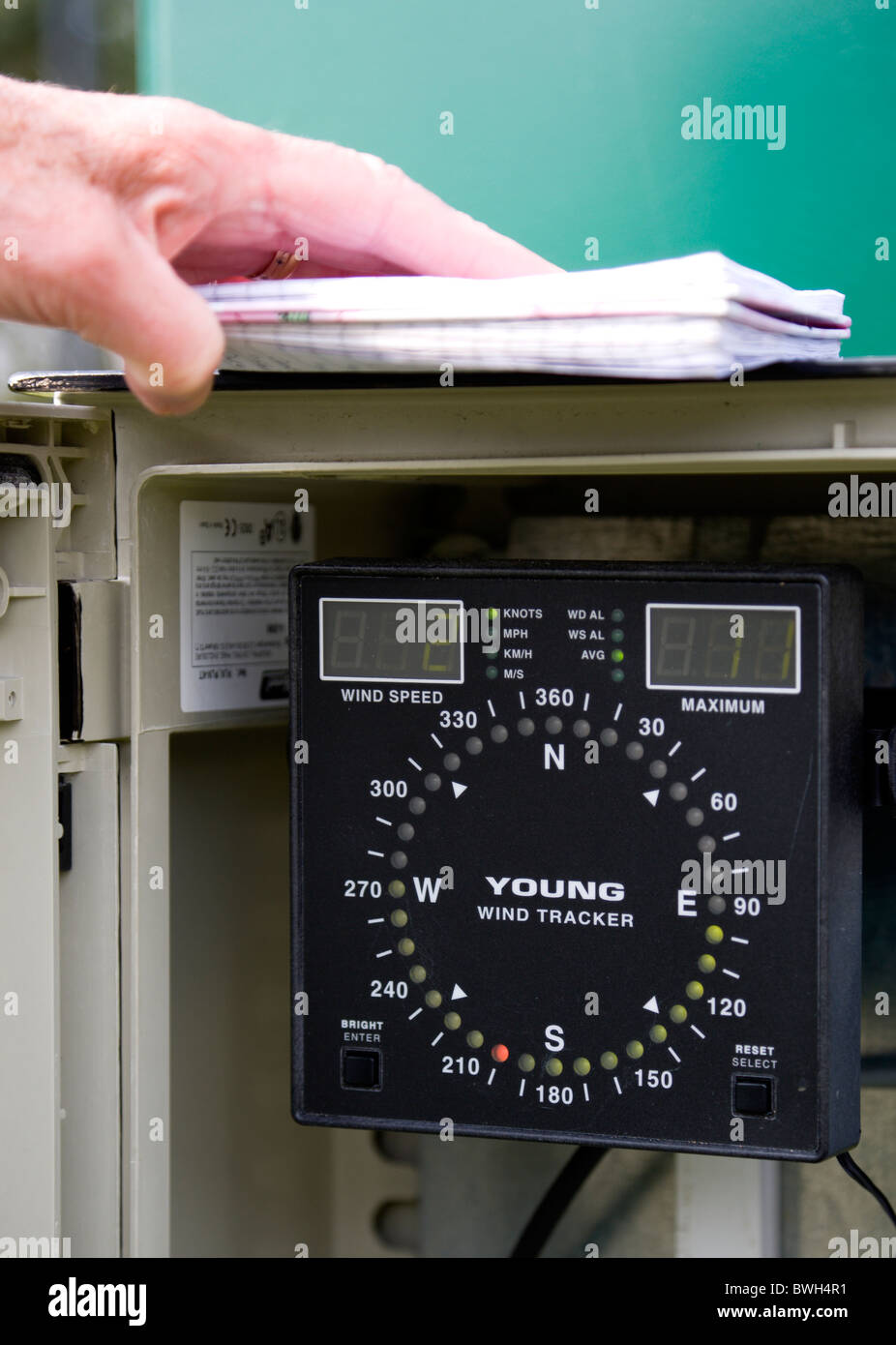 Climate, Weather, Measurements, Tracker digital display for wind speed direction monitor at Bognor Regis weather station. Stock Photo