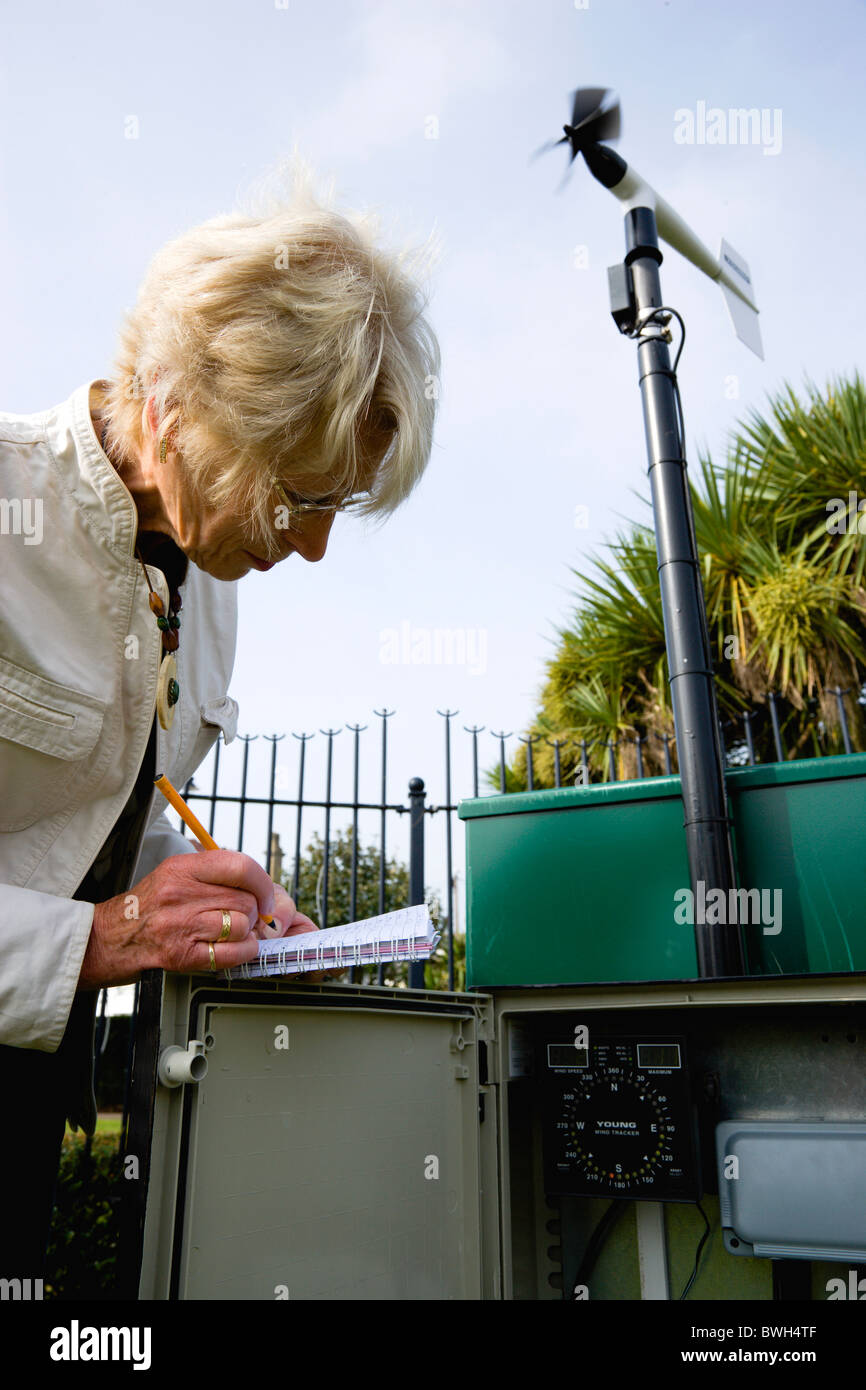 Climate, Weather Station, Measurements, Weather observer taking readings from the wind speed direction monitor Stock Photo
