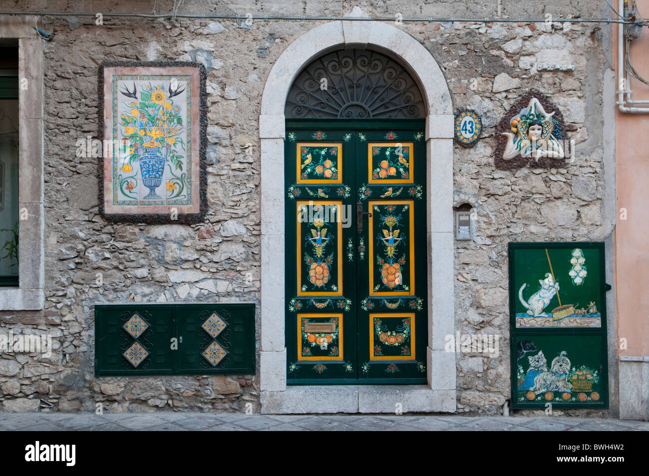 Italy Sicily, Taormina, designs entry garage Stock Photo