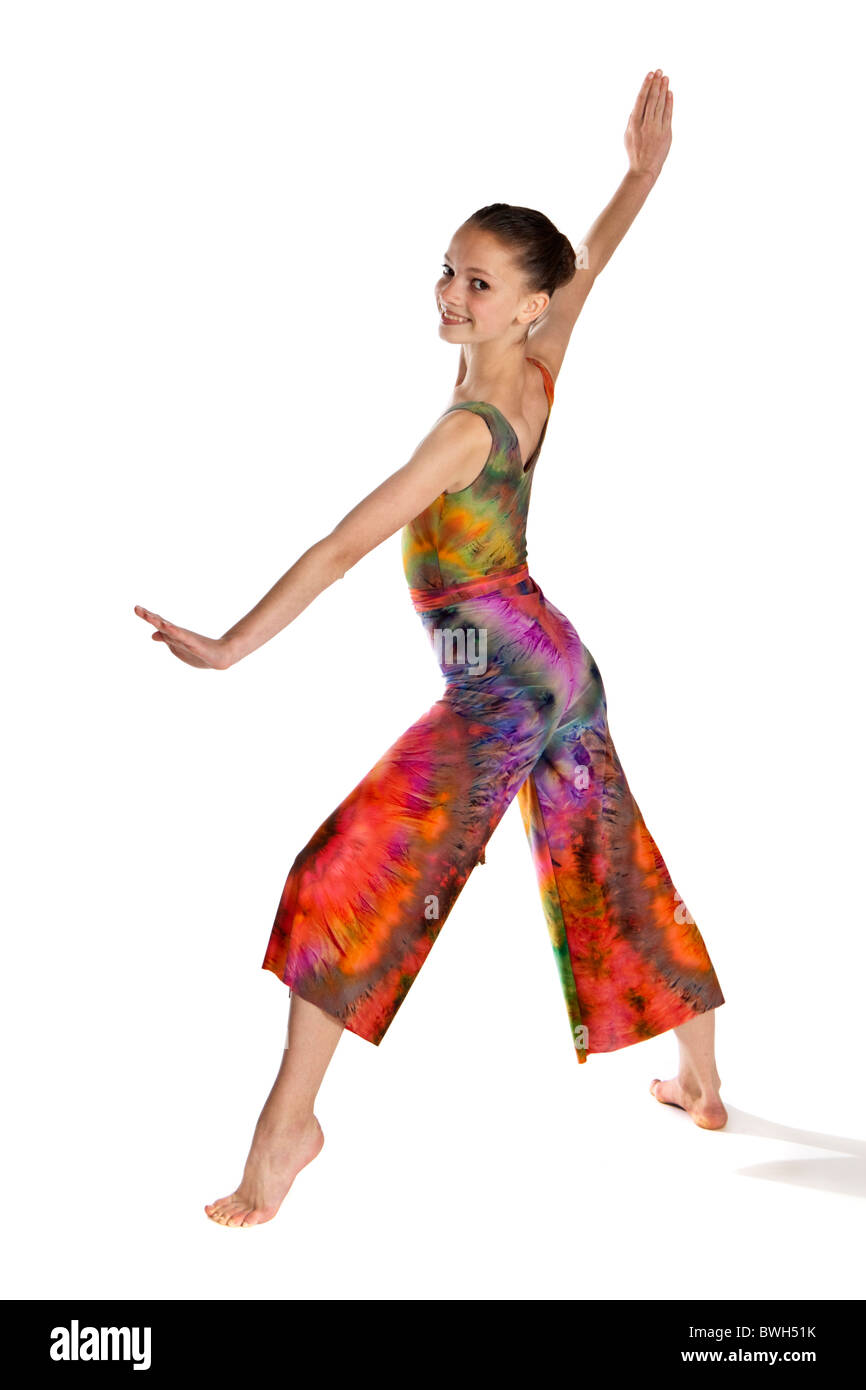 Studio shot of young girl in colourful modern dancing costume Stock Photo