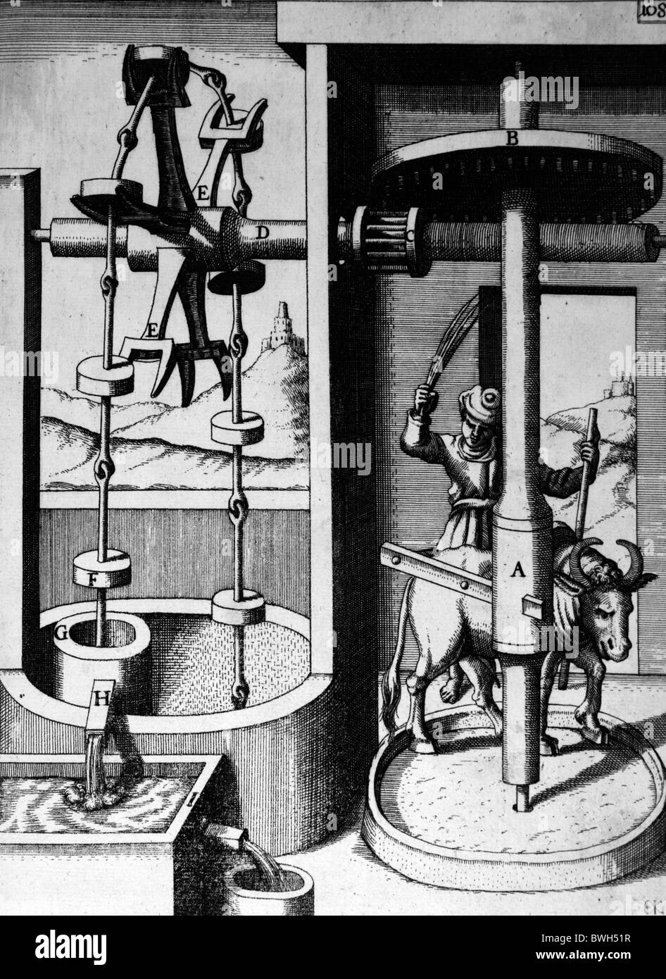 Illustration from Theatrum Machinarum Novum 1661 by Georg Andreas Böckler; An ox powered irrigation pump Stock Photo