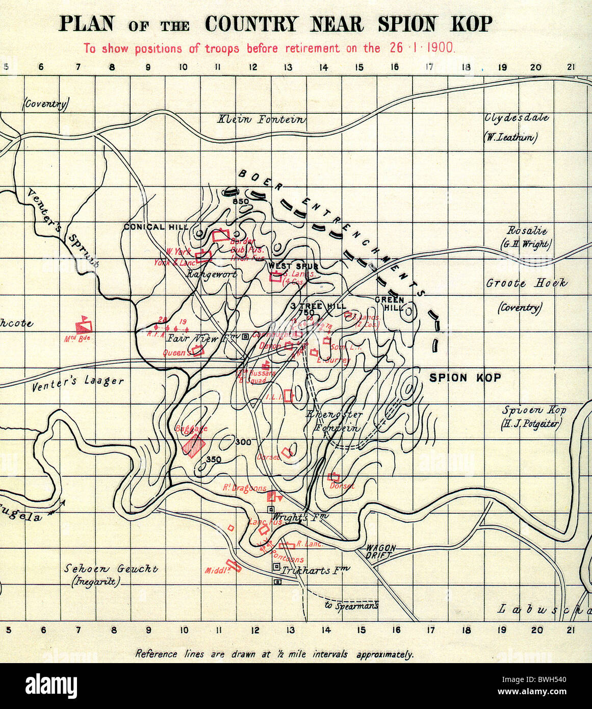 SPION COP, South Africa. British War office map showing positions of British troops in red and Boers in black on 26 January 1900 Stock Photo
