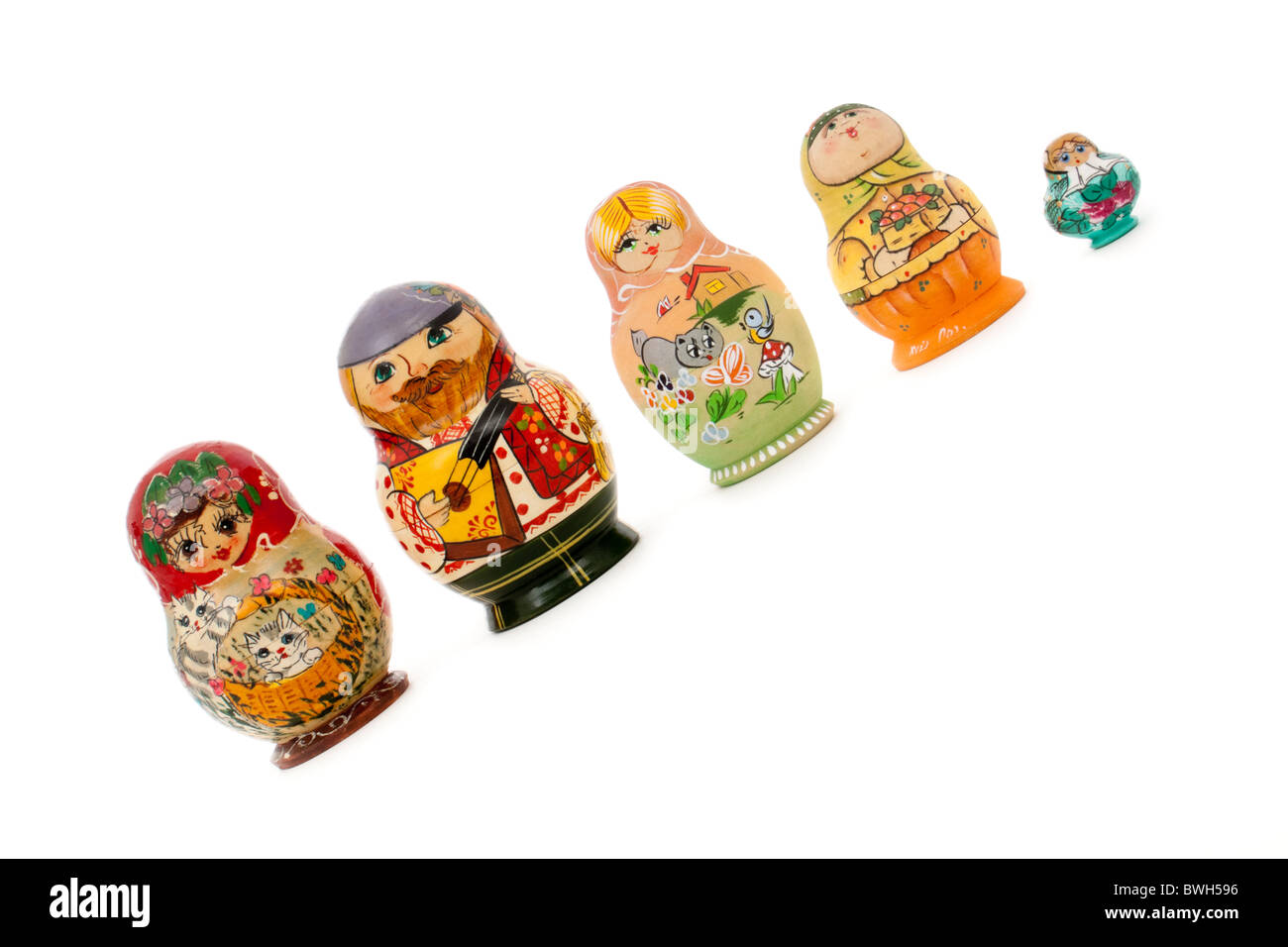 Diagonal row of traditional nested Russian Matryoshka dolls Stock Photo