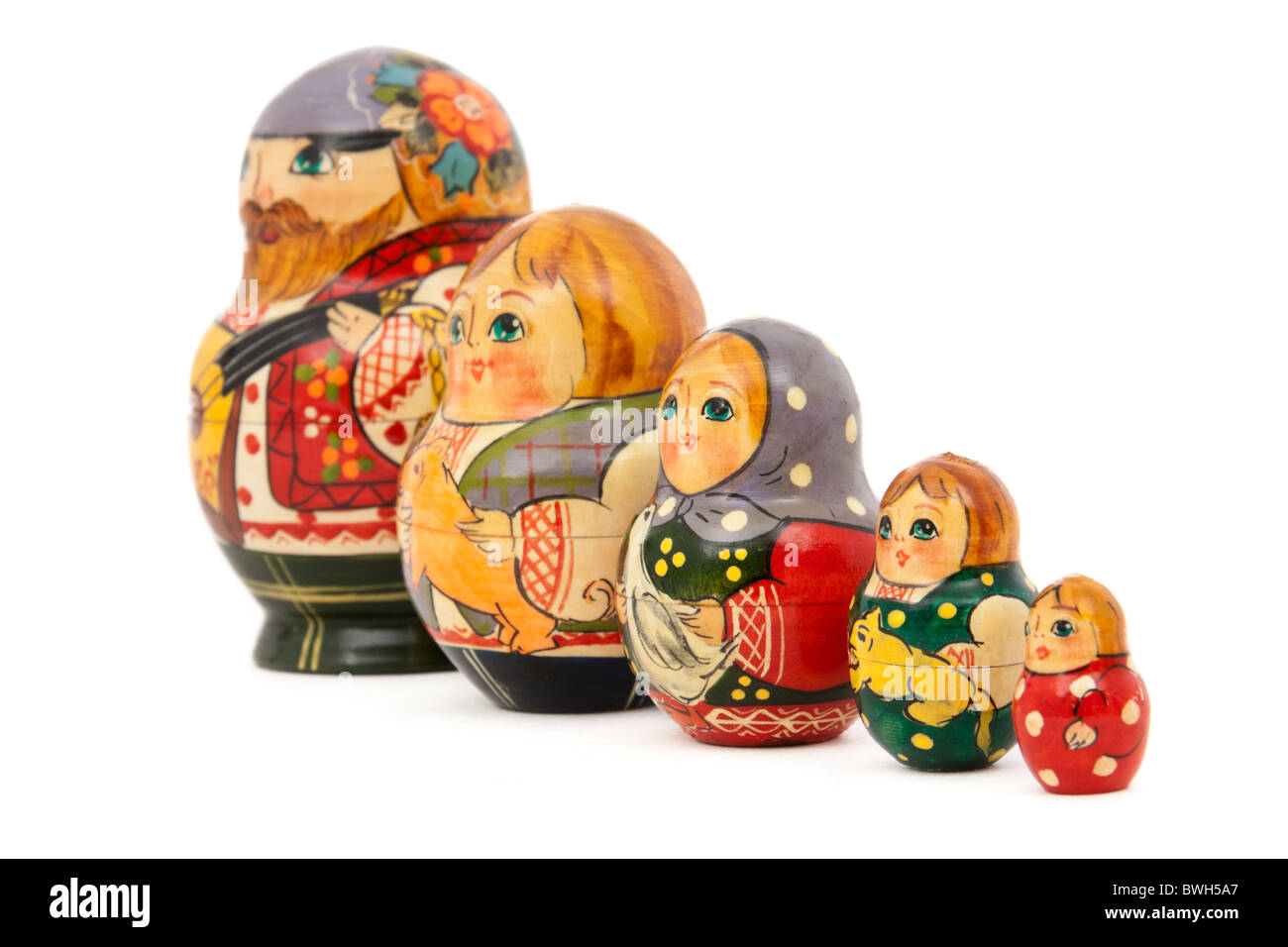 Row of traditional nested Russian Matryoshka dolls Stock Photo