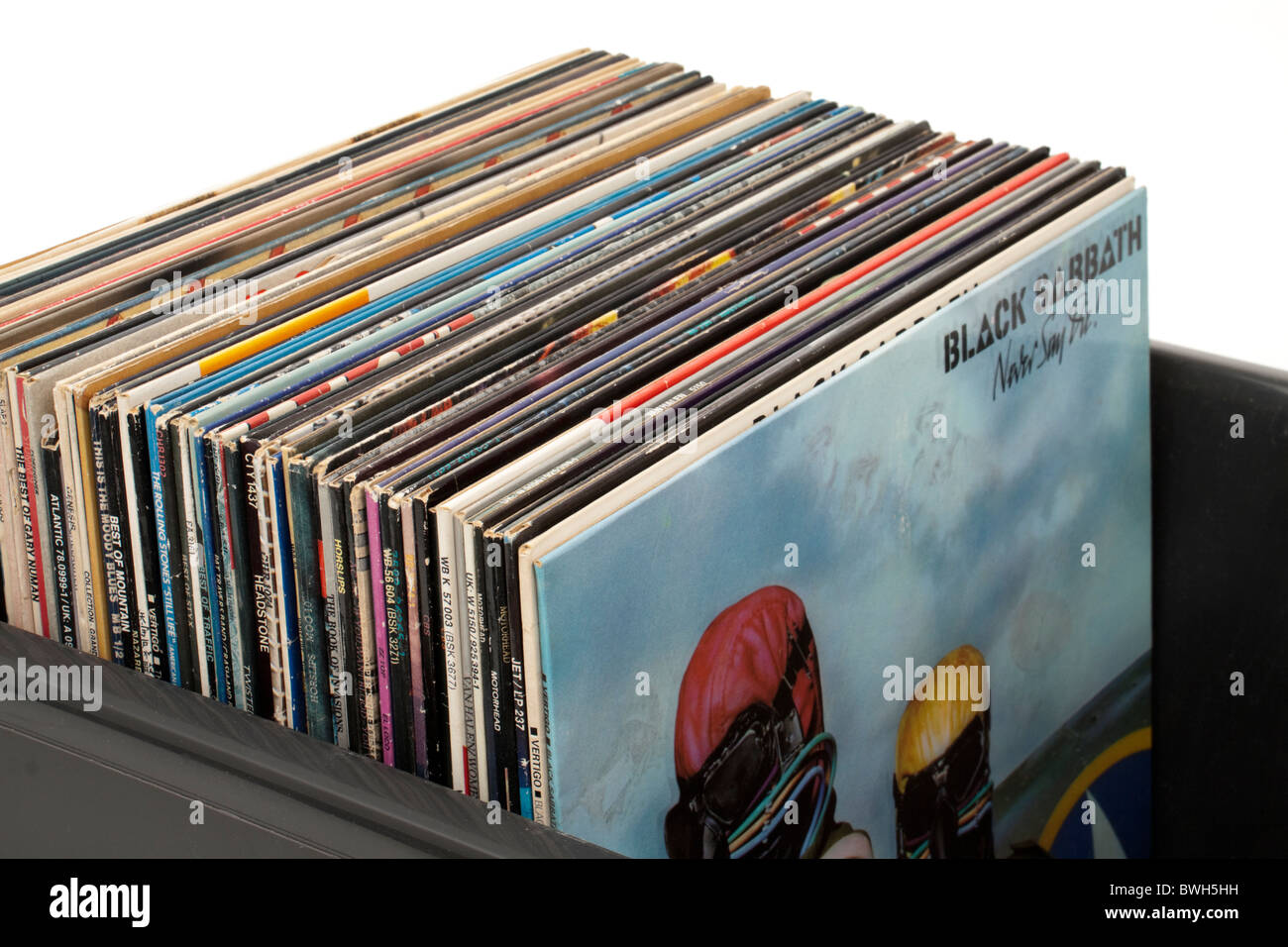 Box of vintage hard rock / heavy metal vinyl records Stock Photo