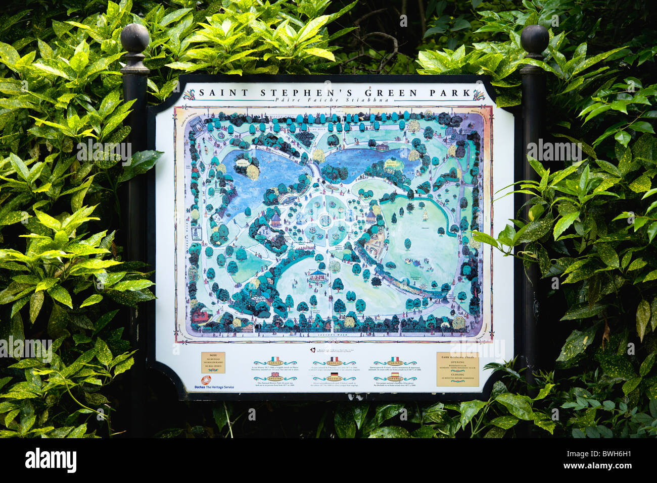 Ireland, County Dublin, Dublin City, Map Sign of Saint Stephen's Green Park in the city centre. Stock Photo