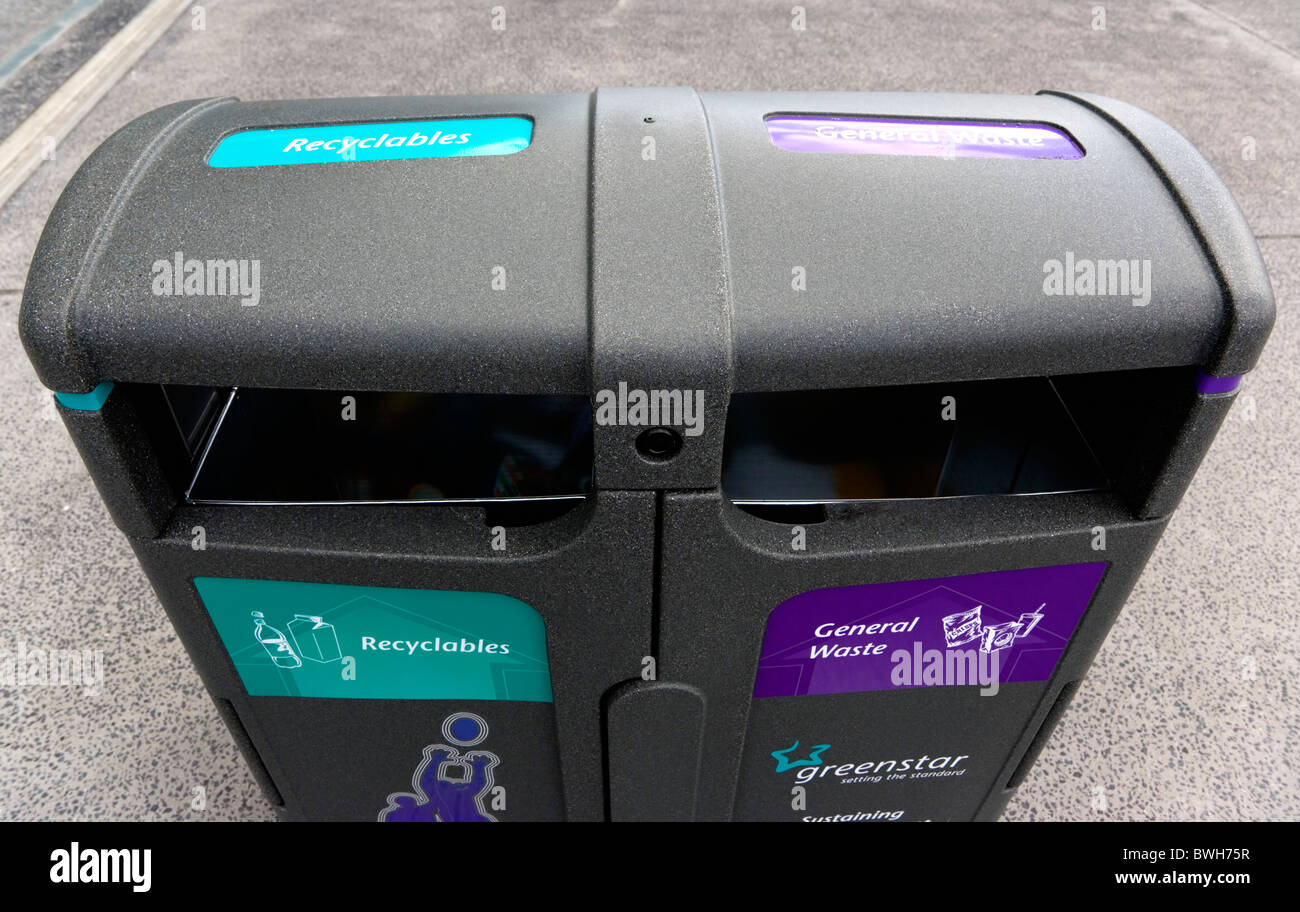 Ireland, County Dublin, Dublin City, Ballsbridge, Lansdowne Road, Aviva Stadium recycling waste containers outside the building. Stock Photo