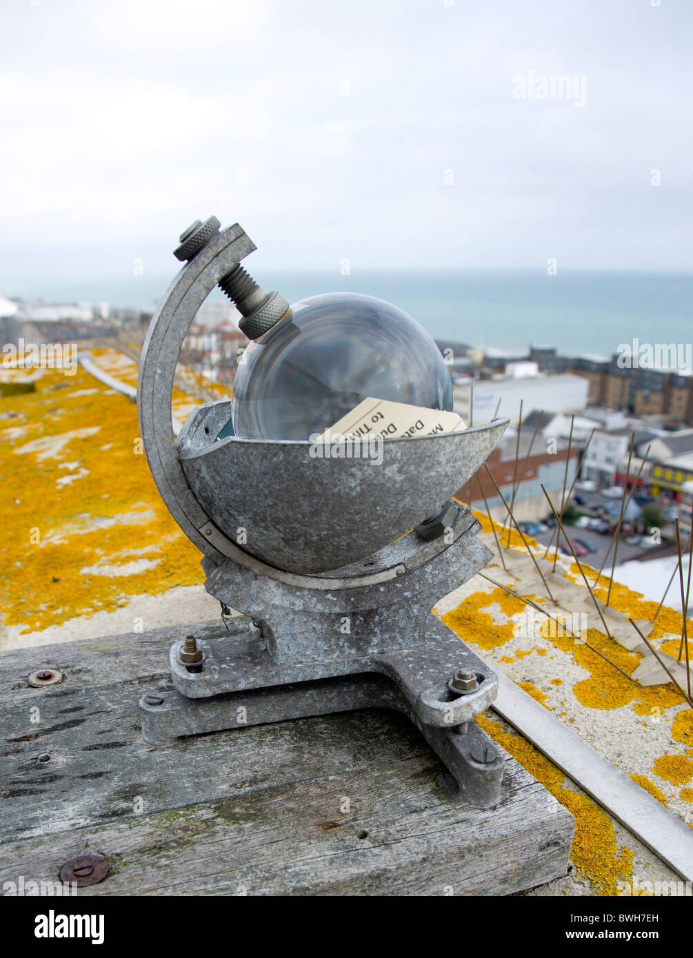 Climate, Weather, Measurements, Campbell–Stokes recorder or Stokes sphere to measure sunshine hours at weather station Stock Photo