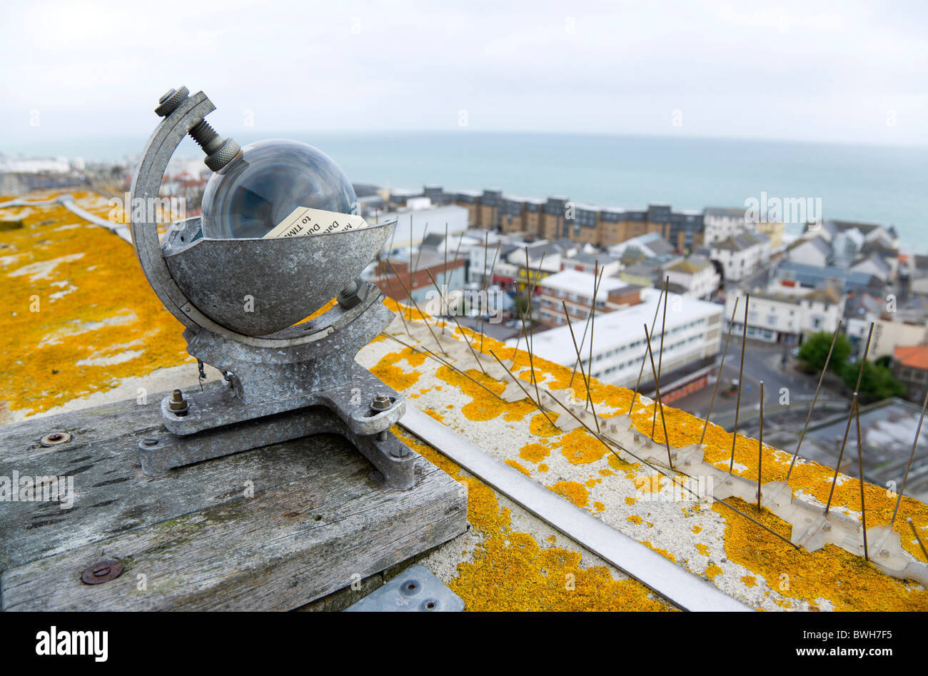 Climate, Weather, Measurements, Campbell–Stokes recorder or Stokes sphere to measure sunshine hours at weather station Stock Photo