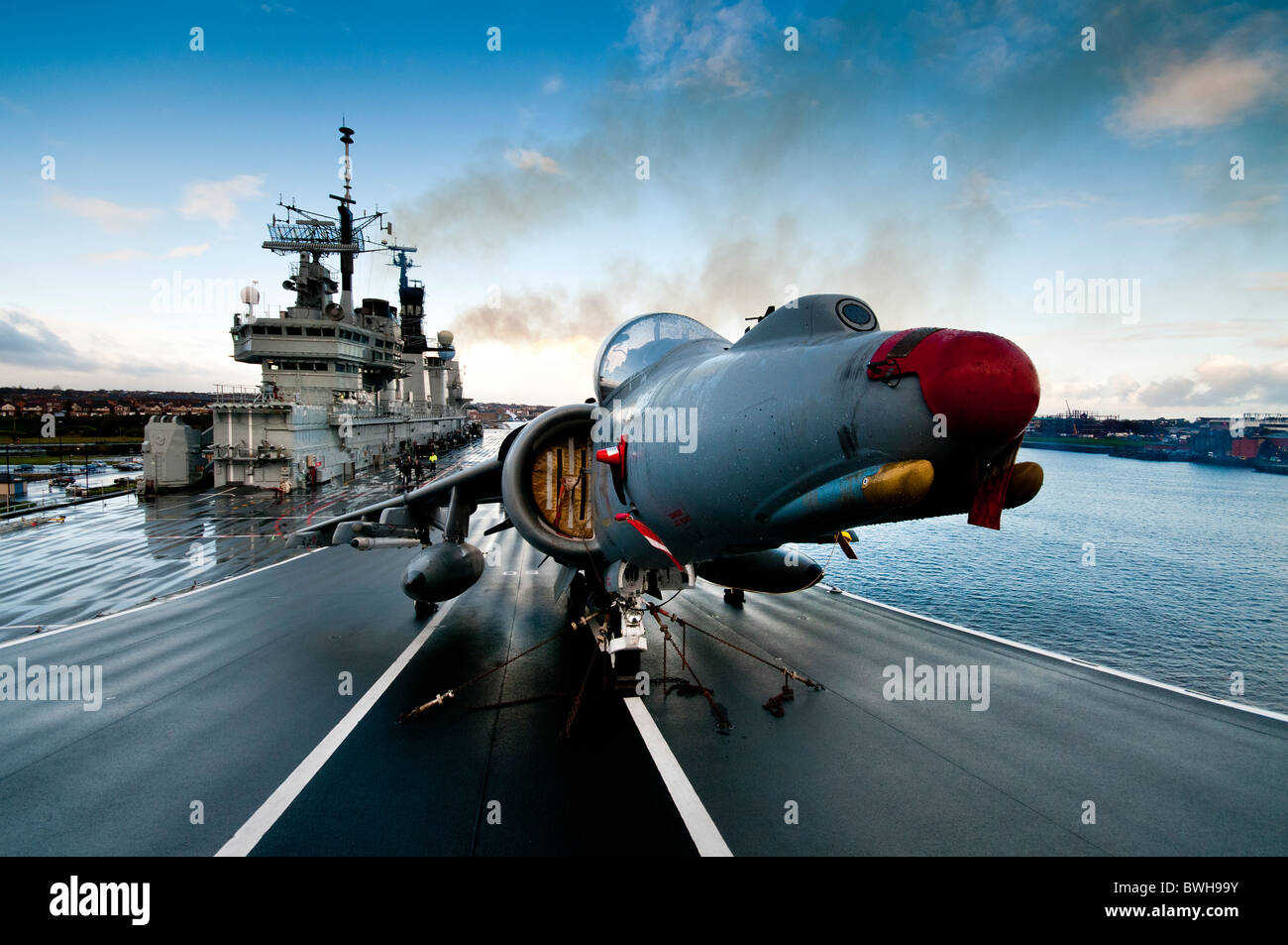 A Bae Harrier jump jet on the ski ramp of the British aircraft carrier