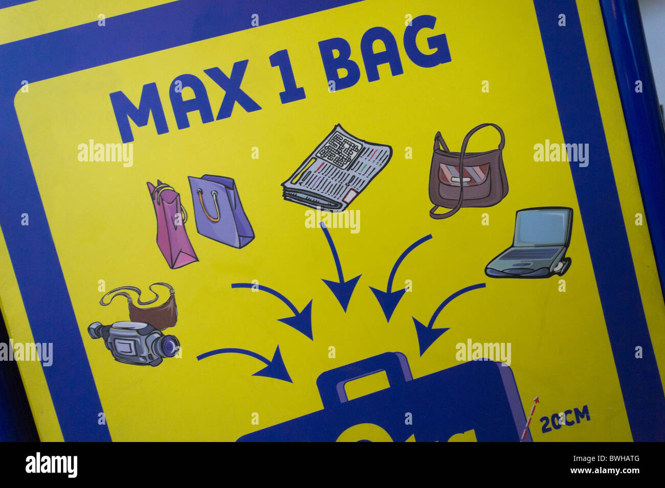 Airport carry-on cabin bag limits, Ryanair sign. Stock Photo