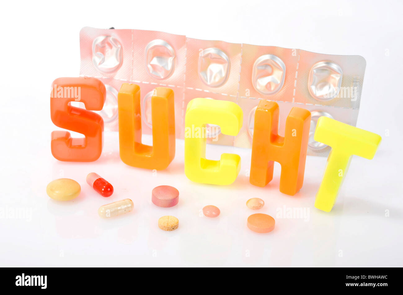 Empty blister package, lettering 'Sucht', German for 'addiction', symbolic image for drug addiction Stock Photo