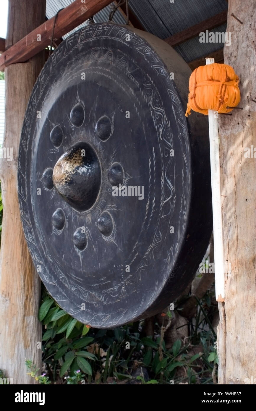 A large Buddhist cymbal (gong) is on display at a temple in Nan ...