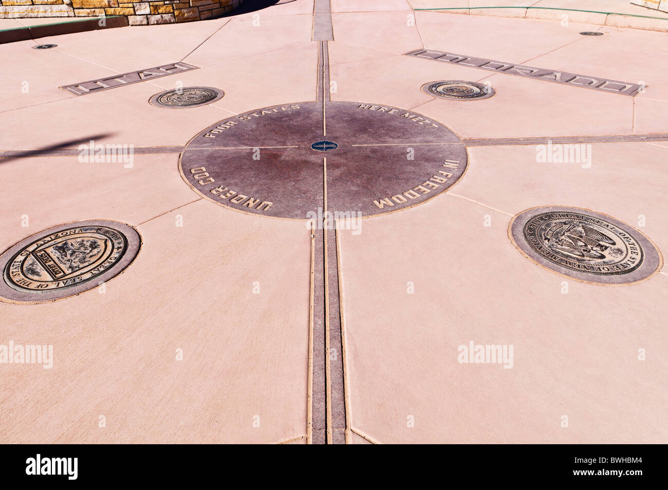 Geographical marker at Four Corners Monument, New Mexico Stock Photo