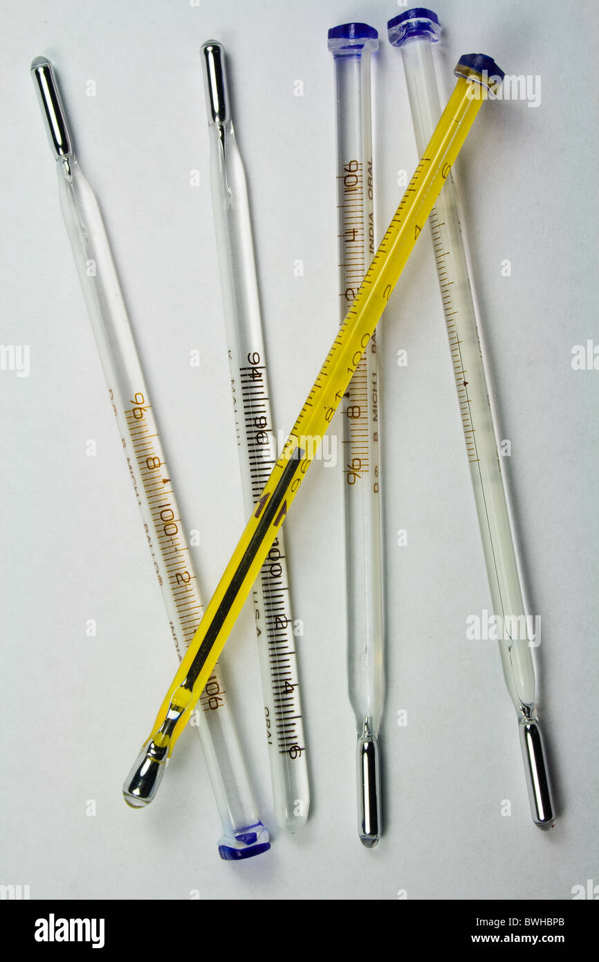 Mercury Filled Glass Oral Thermometers Stock Photo