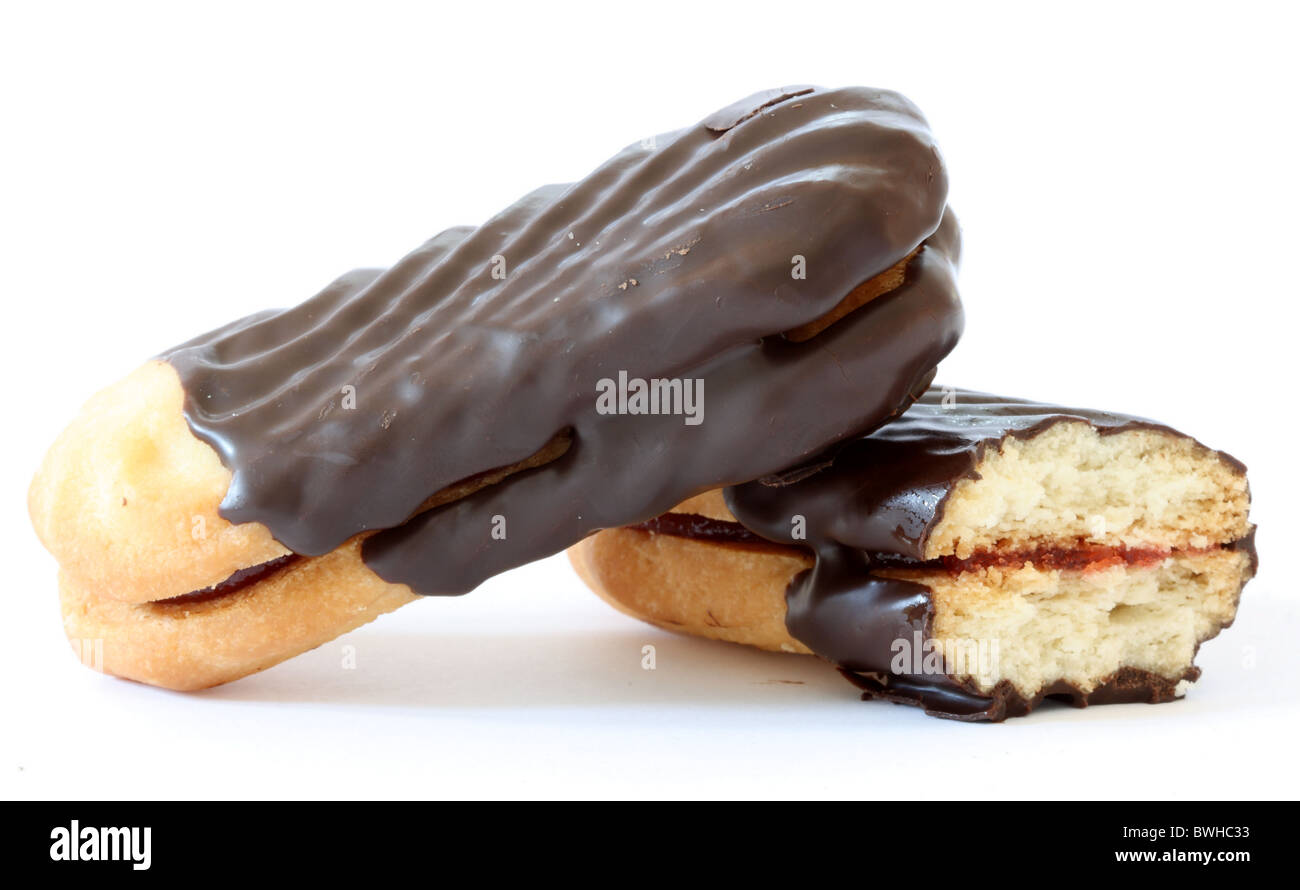 Shortbread biscuits dipped in chocolate close up view on white