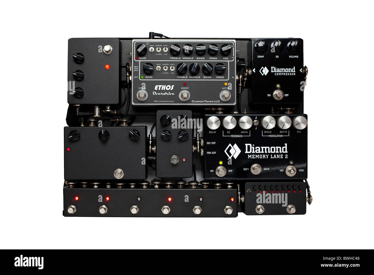 A Pedal Board photographed in the studio. Pedalboard photographié en studio. Stock Photo
