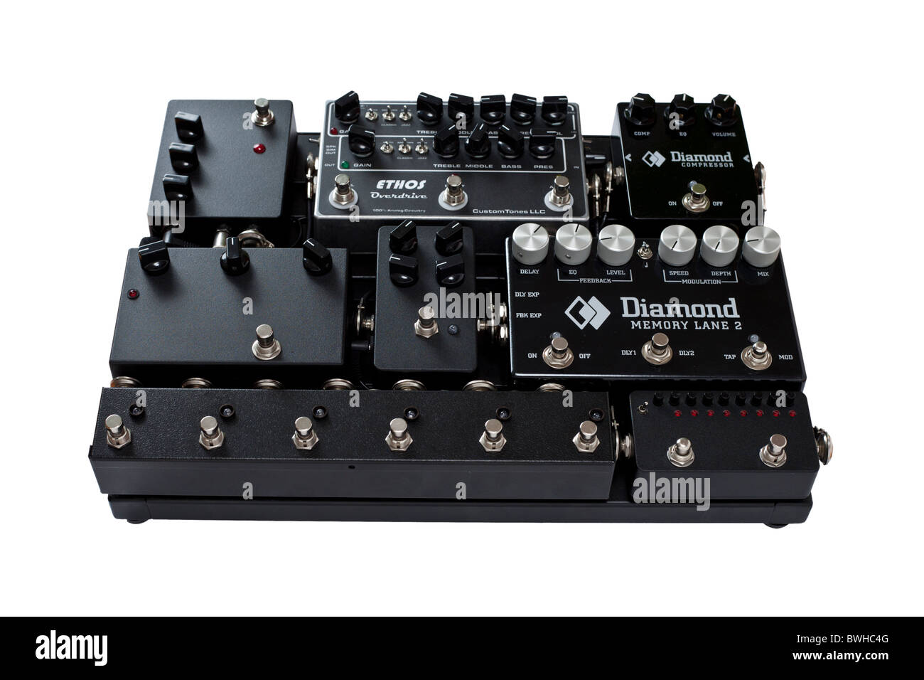 A Pedal Board photographed in the studio. Pedalboard photographié en studio. Stock Photo