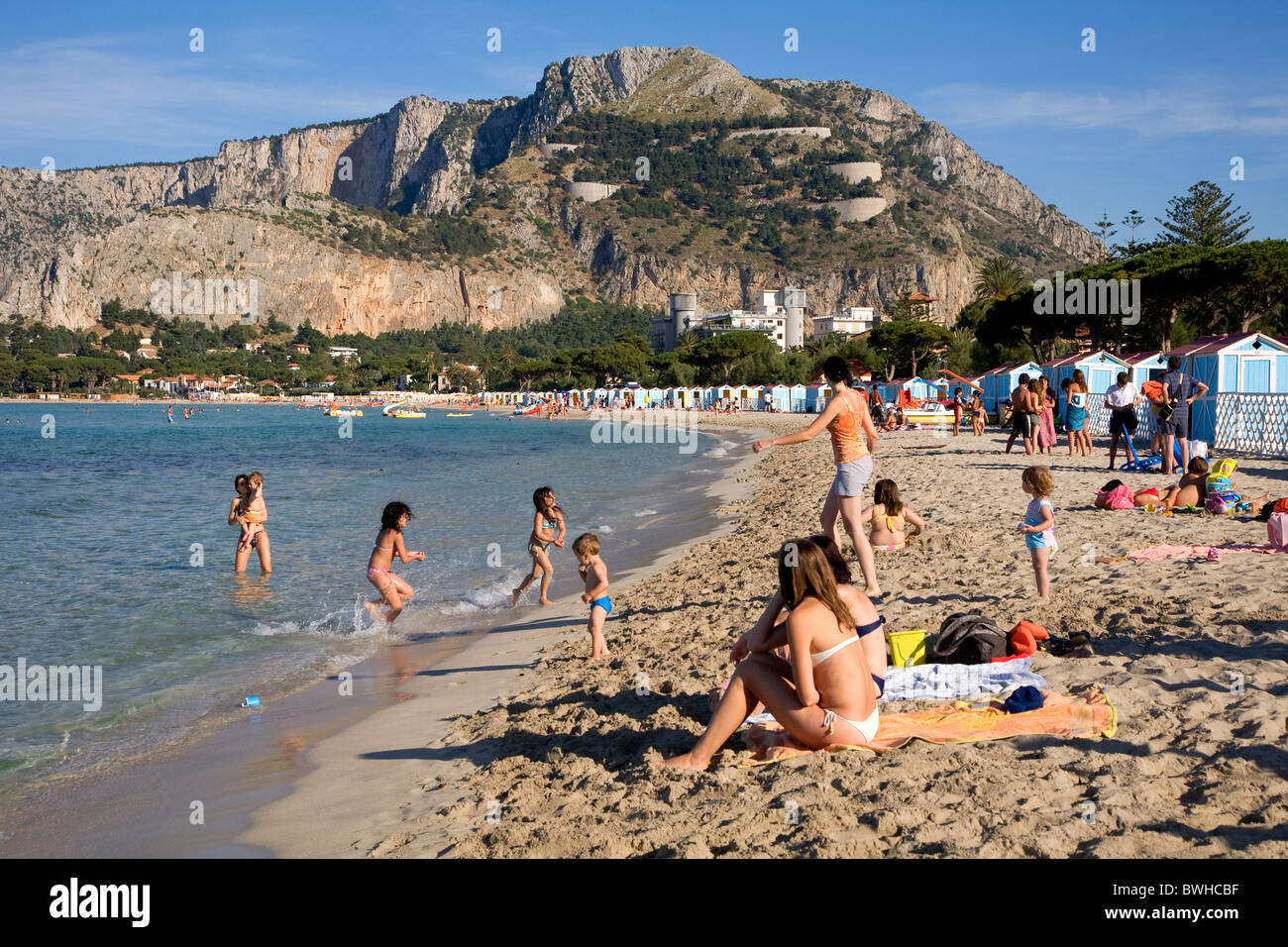Beach of Mondello near Palermo, Palermo, Sicily, Italy, Europe Stock Photo