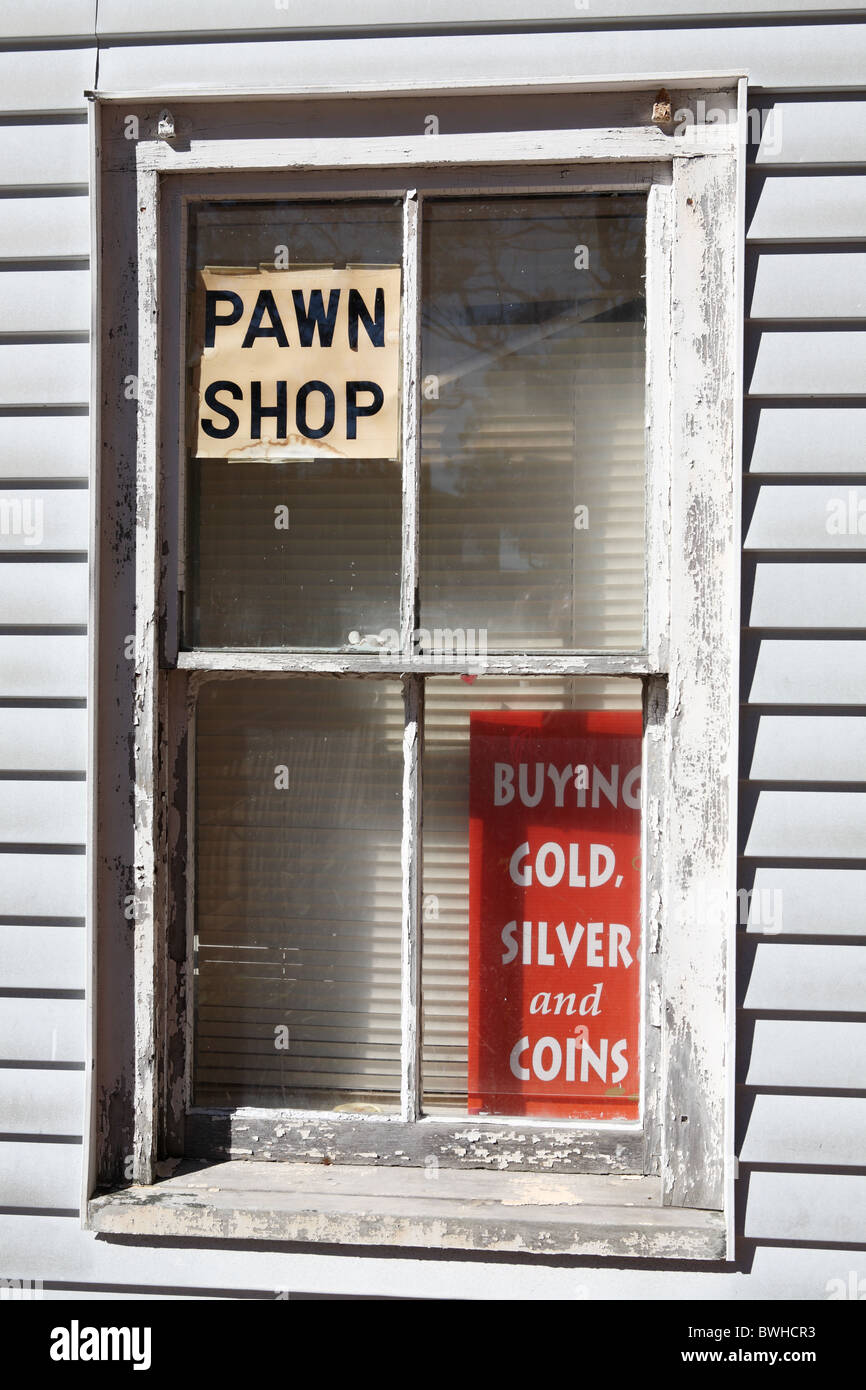 The window of a pawn shop within Plymouth, Massachusetts, USA Stock Photo