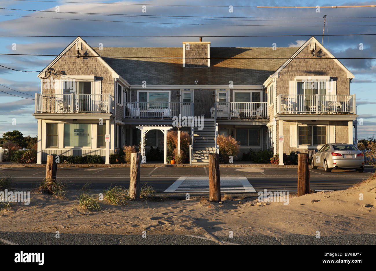 The Ocean View Motel seen in evening light, Craigville Beach, Barnstable, Massachusetts, USA Stock Photo