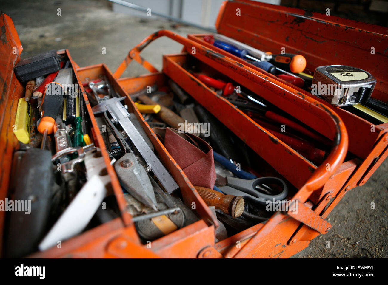 toolbox filled with tools and other objects Stock Photo Alamy
