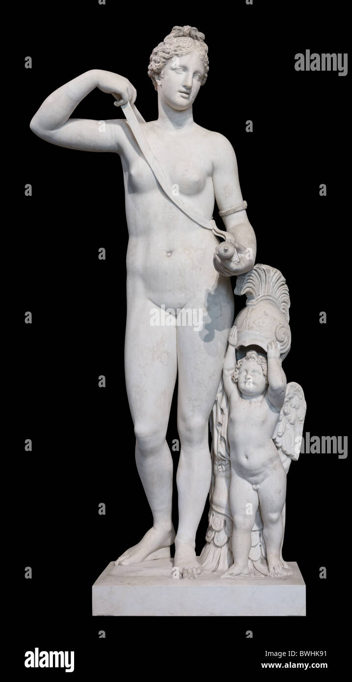 Armed Venus (Vénus en armes), Roman marble statue second century CE. Louvre Museum Paris, isolated on black background Stock Photo