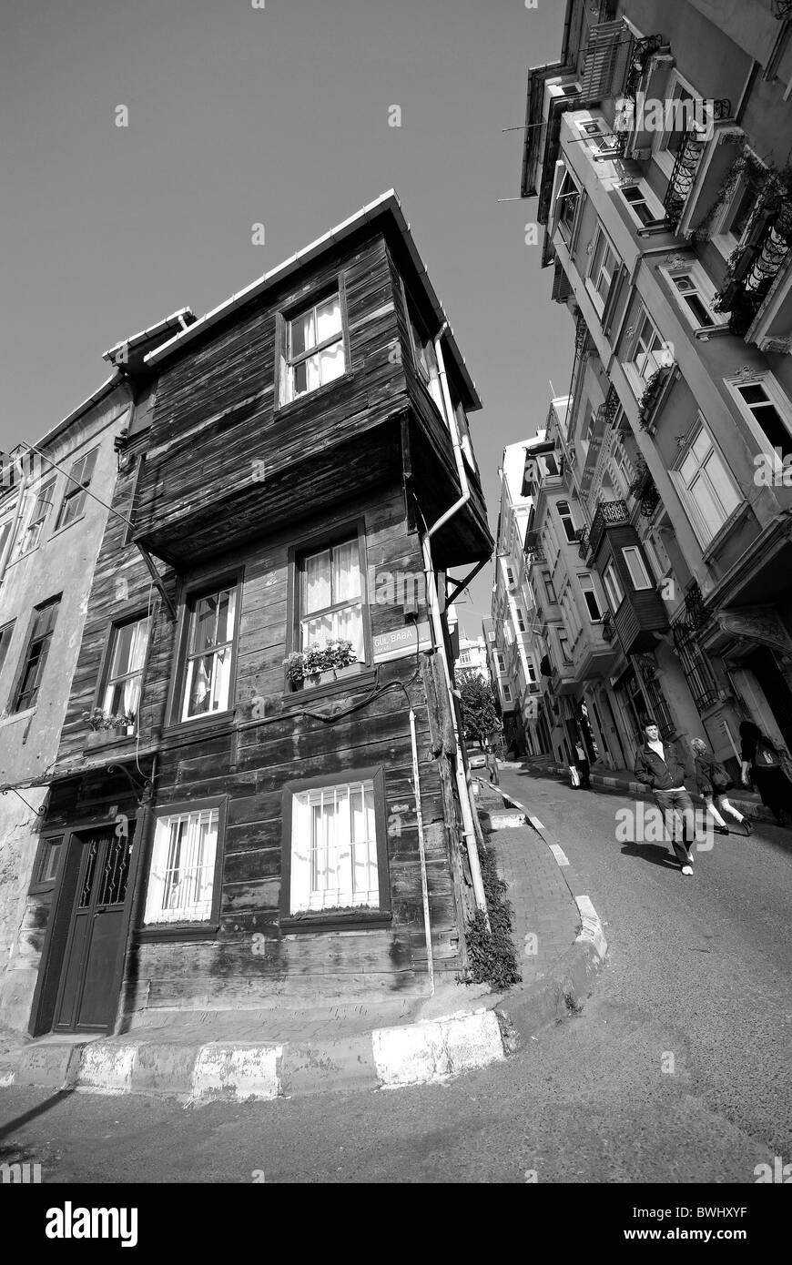 ISTANBUL, TURKEY. A traditional wooden house on a street in Beyoglu between Galatasaray and Tophane. Autumn 2010. Stock Photo