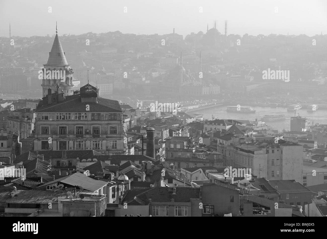 ISTANBUL, TURKEY. A misty winter view over Beyoglu to the Golden Horn and beyond to the bazaar district of the city. 2010. Stock Photo