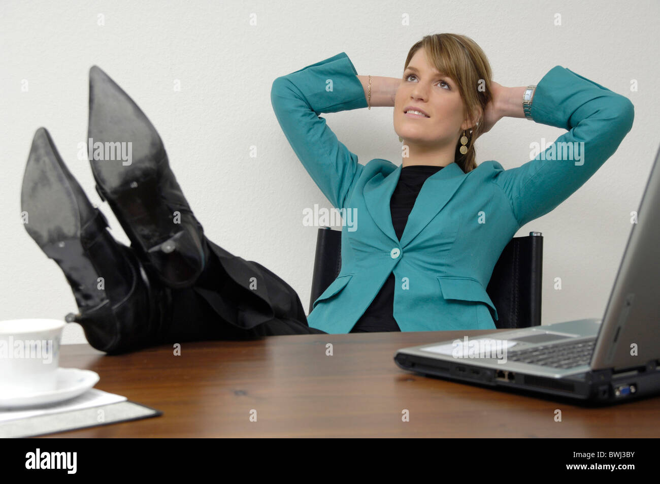 Woman Office Employees Feet On Table Desk Raise Relax Break Stop