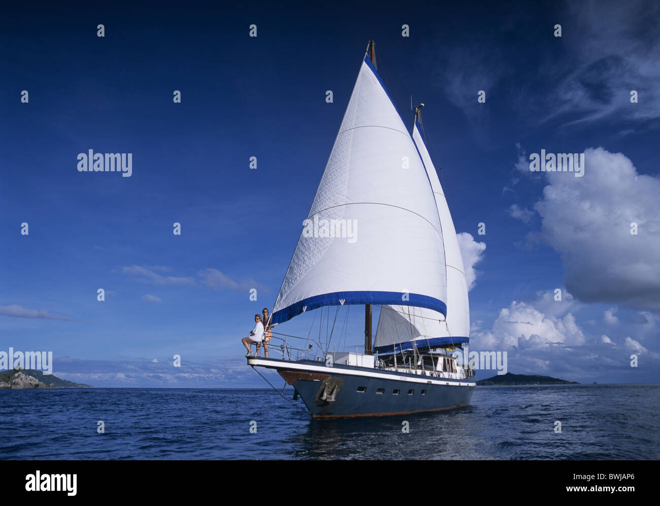 Seychelles Indian ocean sailing sail boat sailing ship sea Stock Photo