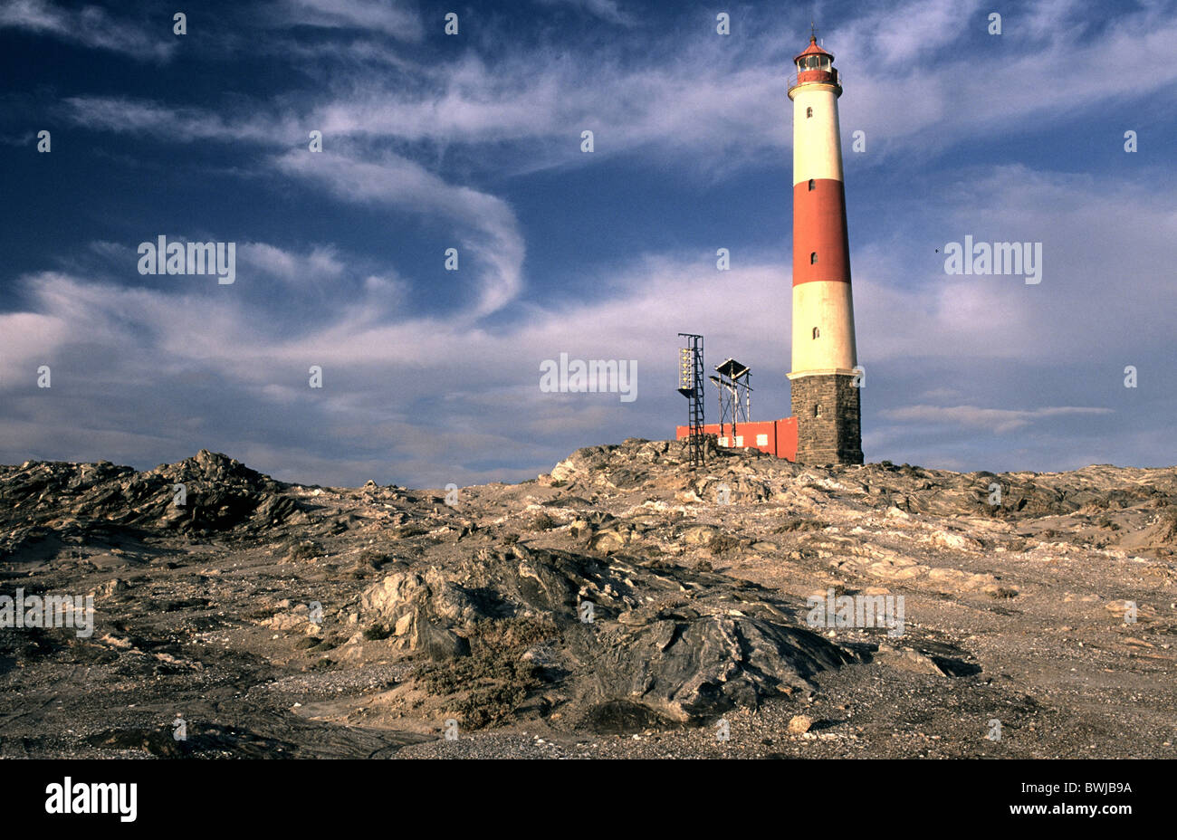 Africa Nambia South-West Africa Luderitz Diaz Point lighthouse white red desert navigation Stock Photo