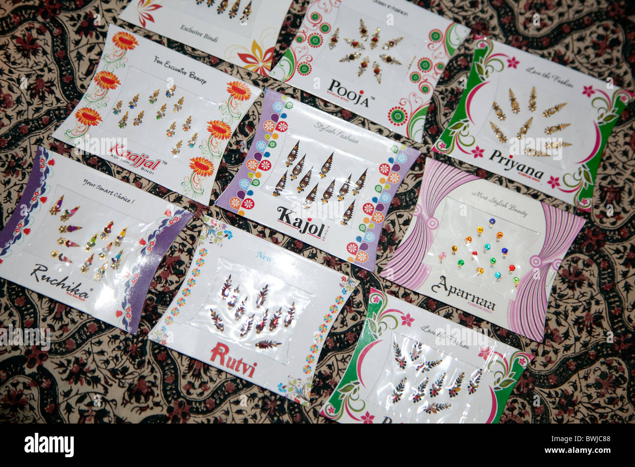 Packets of bindi stickers made in India Stock Photo