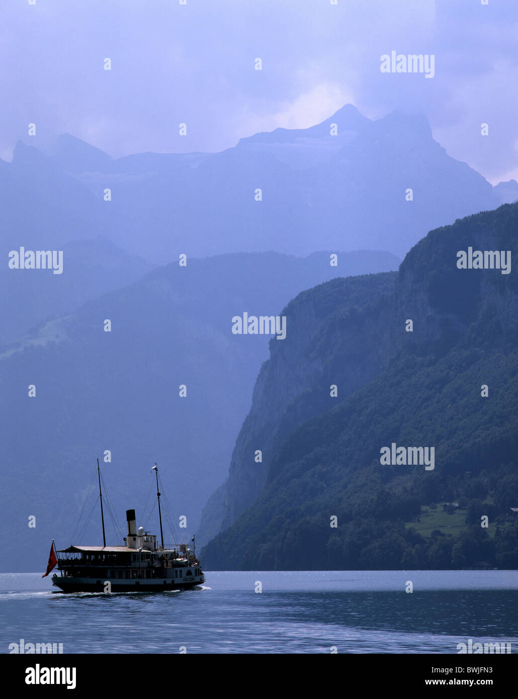 steamboat paddle steamer ship Urnersee lake Lake Lucerne scenery landscape mountains Alps Central Switzerlan Stock Photo
