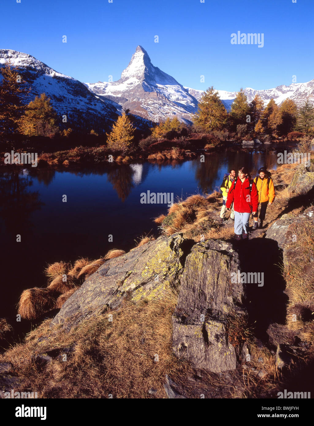 group traveller lake mountain lake autumn Grindjisee Matterhorn walking hiking mountain walking mountains A Stock Photo