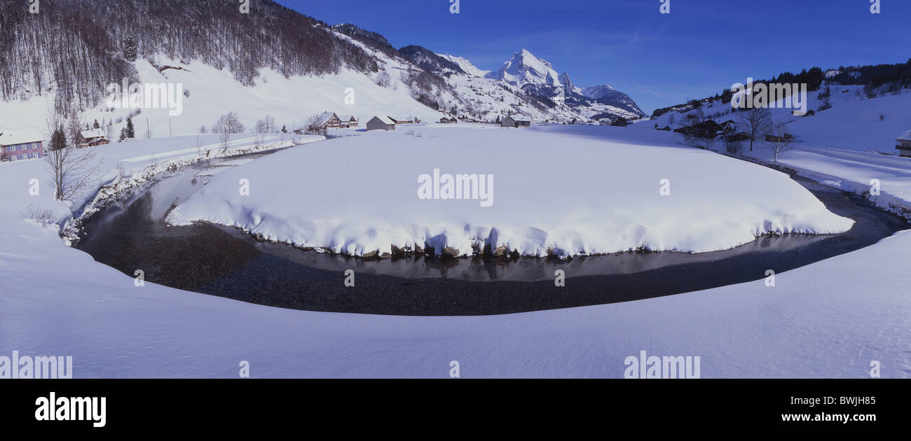 Toggenburg Thur near Alt St. Johann loop meander winter snow scenery landscape winter scenery mountains alp Stock Photo