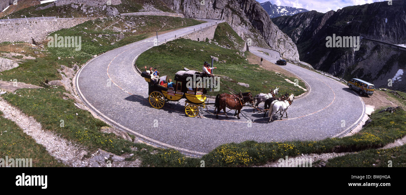 Tremola mountain pass Gotthardpass stagecoach coach nostalgia Serpentines street mountain road Gotthard can Stock Photo