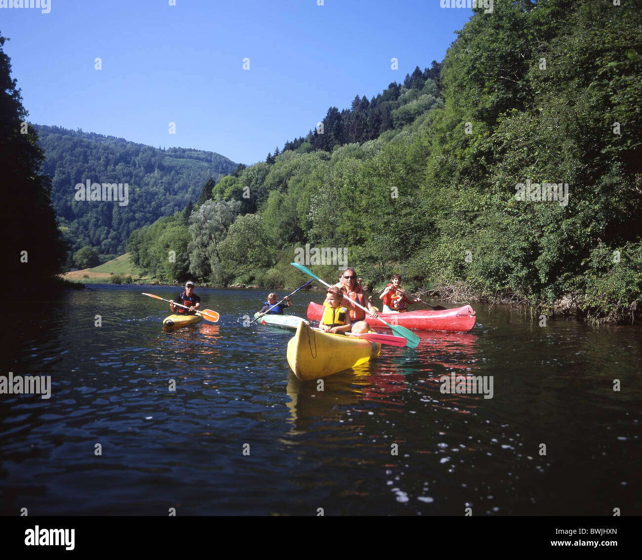 family river Doubs canoe spare time summer aquatic sports water sports to paddles Boat Canton Jura Switzerl Stock Photo