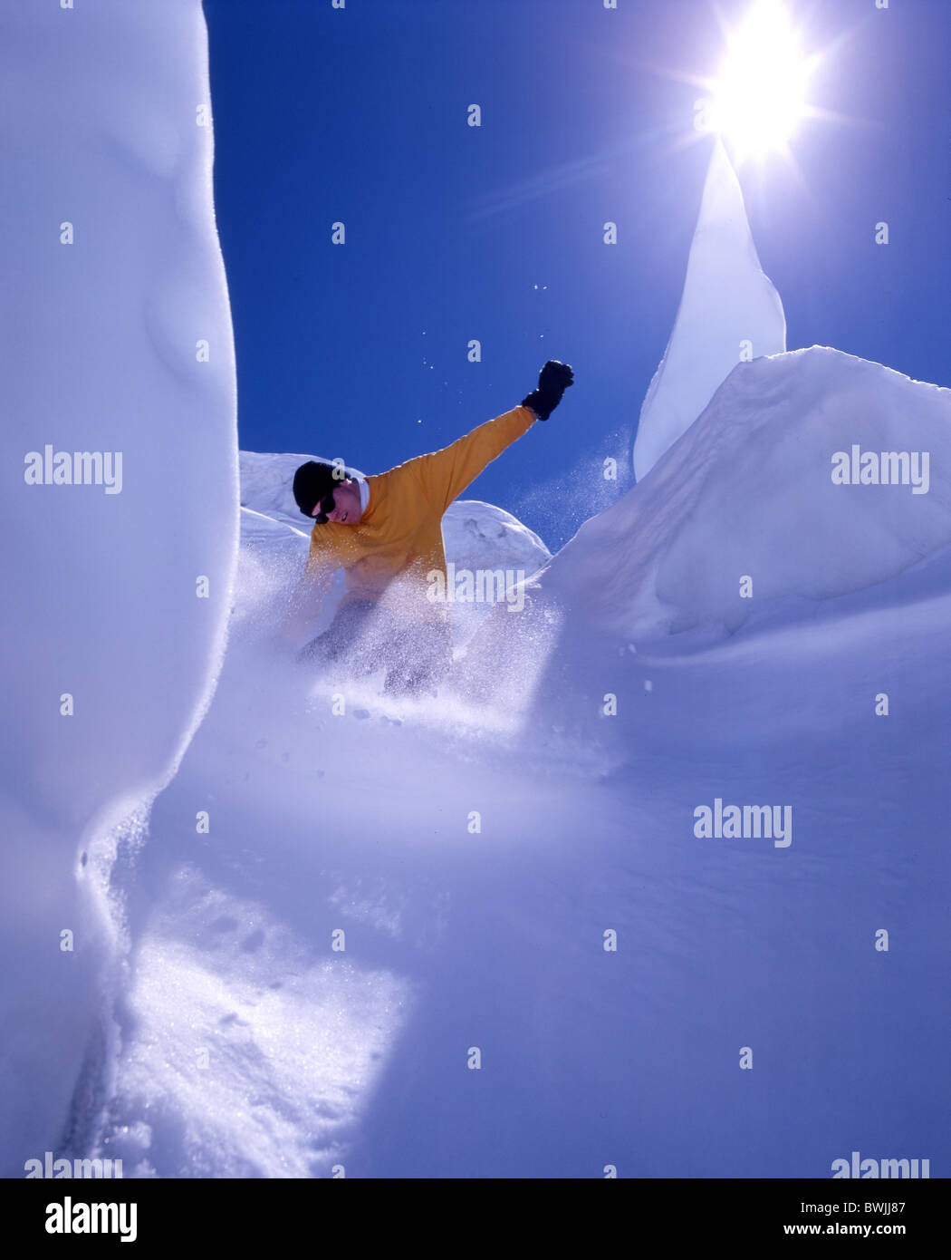 glacier Snowboard Snowboarder Snowboarding snowboard ice snow action sky sun winter sports winter sport Stock Photo