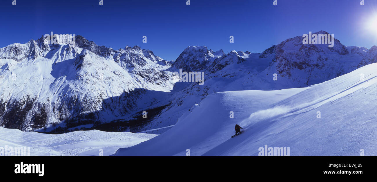 Snowboarder Snoboarden Snowboarding snowboard winter sports sports Valais alps panorama Mont Collon Pigne d'A Stock Photo