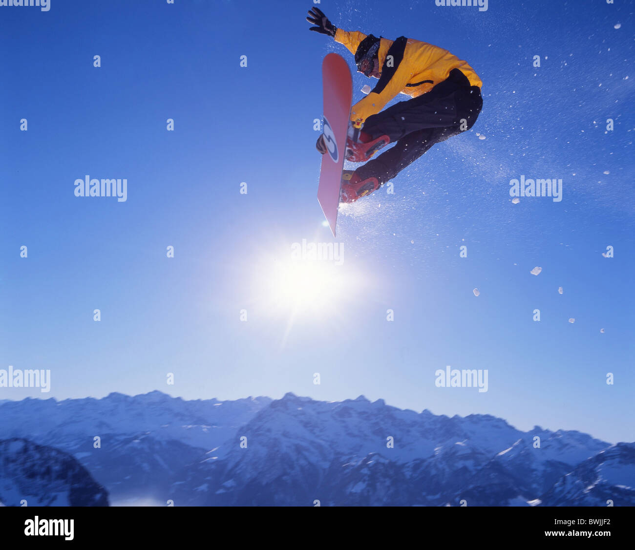 Snowboarder snowboard Snowboarding jump winter sports mountains snow winter sports Stoos Canton Schwyz Urne Stock Photo