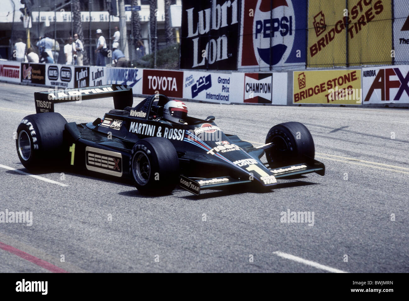 Mario Andretti competing in cart race in 1979. Stock Photo