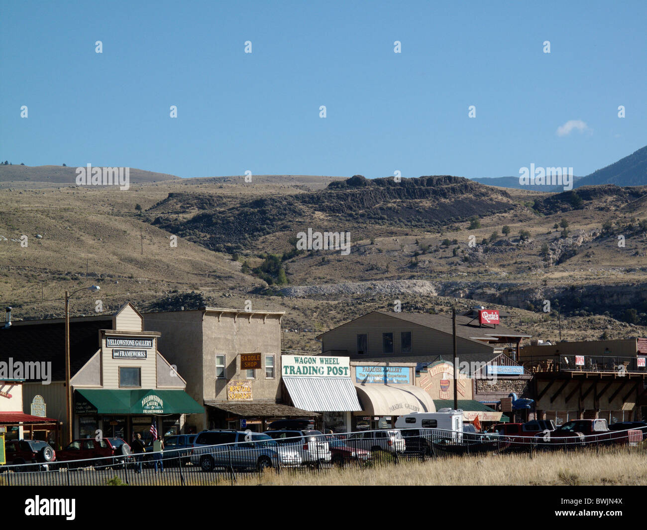 The town of Gardiner at the north entrance to Yellowstone National Park in the United States of America Stock Photo