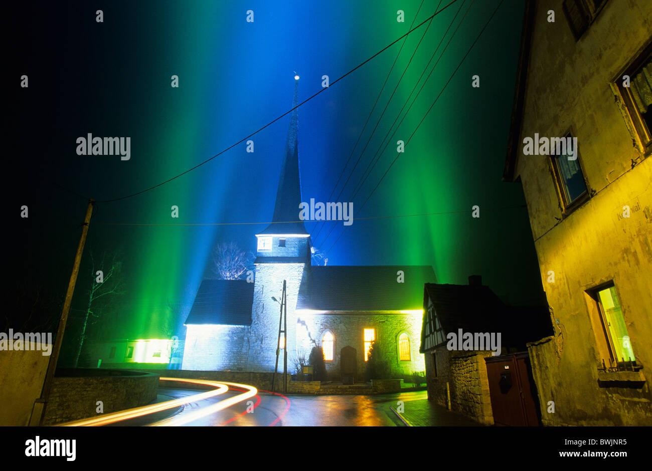 Europe, Germany, Thuringia, Weimar, Feininger Church Gelmeroda with light installation, Lichtskulptur Gelmeroda -LS 9803- Stock Photo