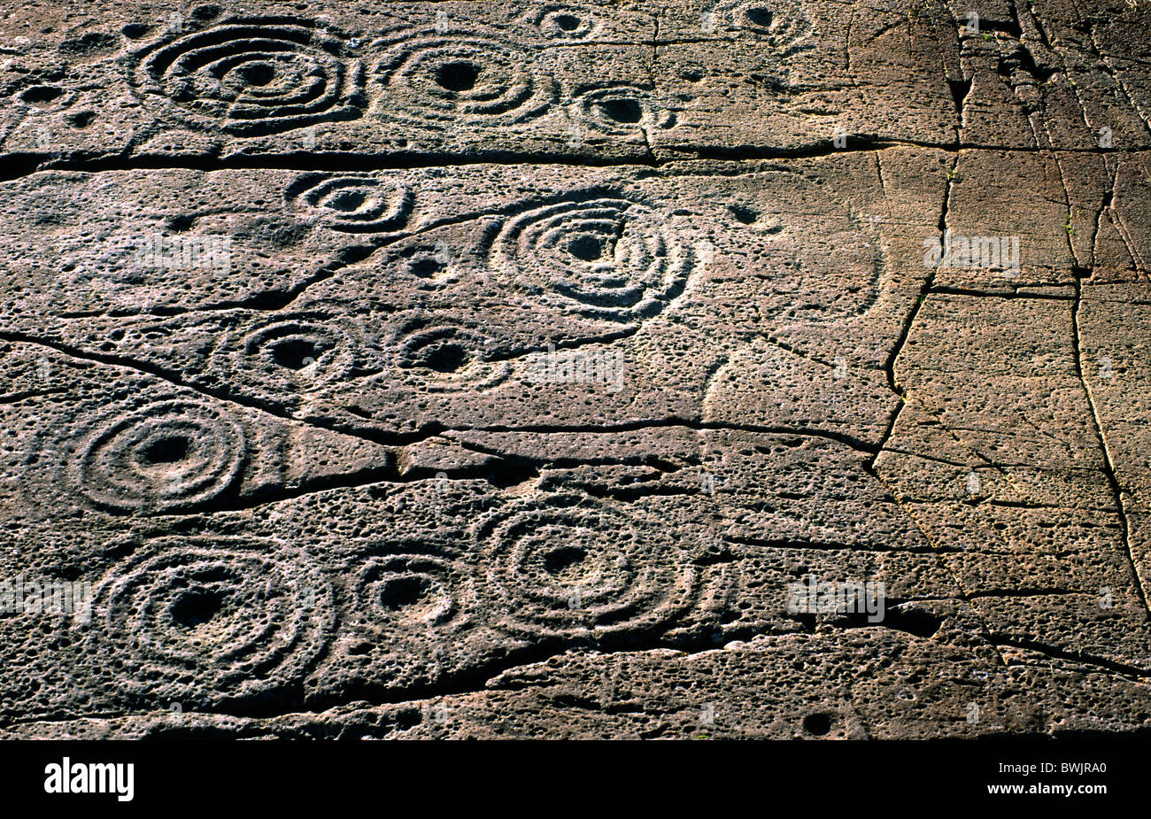 Prehistoric cup and ring mark carved stone rock art outcrop at Cairnbaan in the Kilmartin Valley, Argyll, west Scotland, UK Stock Photo